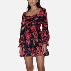 Saylor Fritz‎ Floral Print Long Sleeve Babydoll Dress Sz M Black Multi Floral
